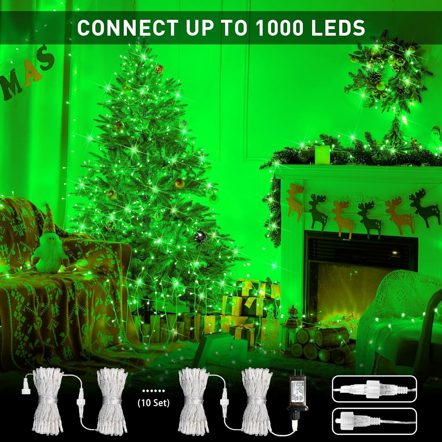 Connectable 100 LED Green Christmas Lights Indoor, 8 Modes Plug-In Green Lights for Garland Decor, 33Ft Clear Wire Green Christmas String Lights Outdoor for Christmas Tree Xmas Decor