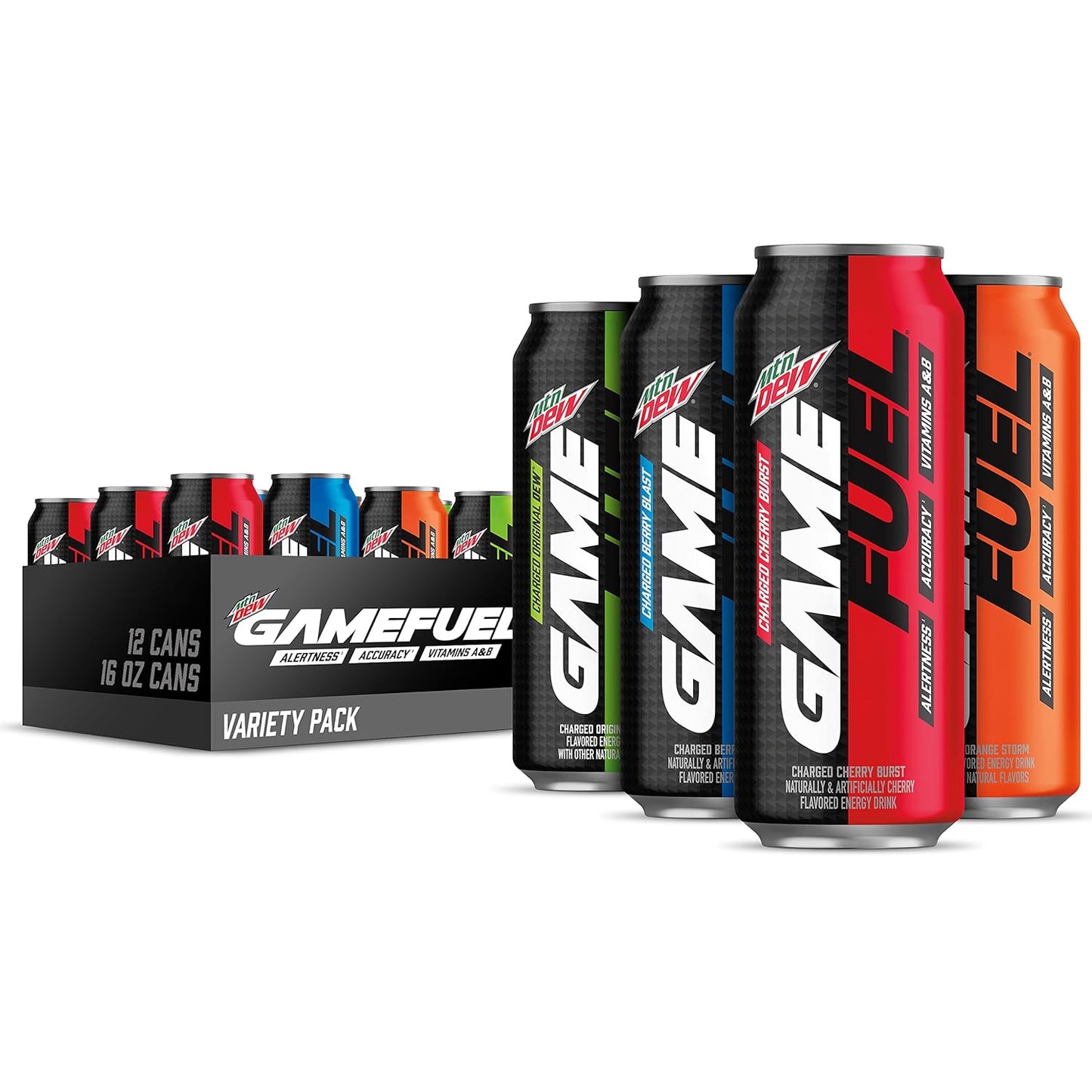 Mountain Dew Game Fuel, 4 Flavor Variety Pack, 16Oz Cans (12 Pack), Vitamins a + B (Packaging May Vary)