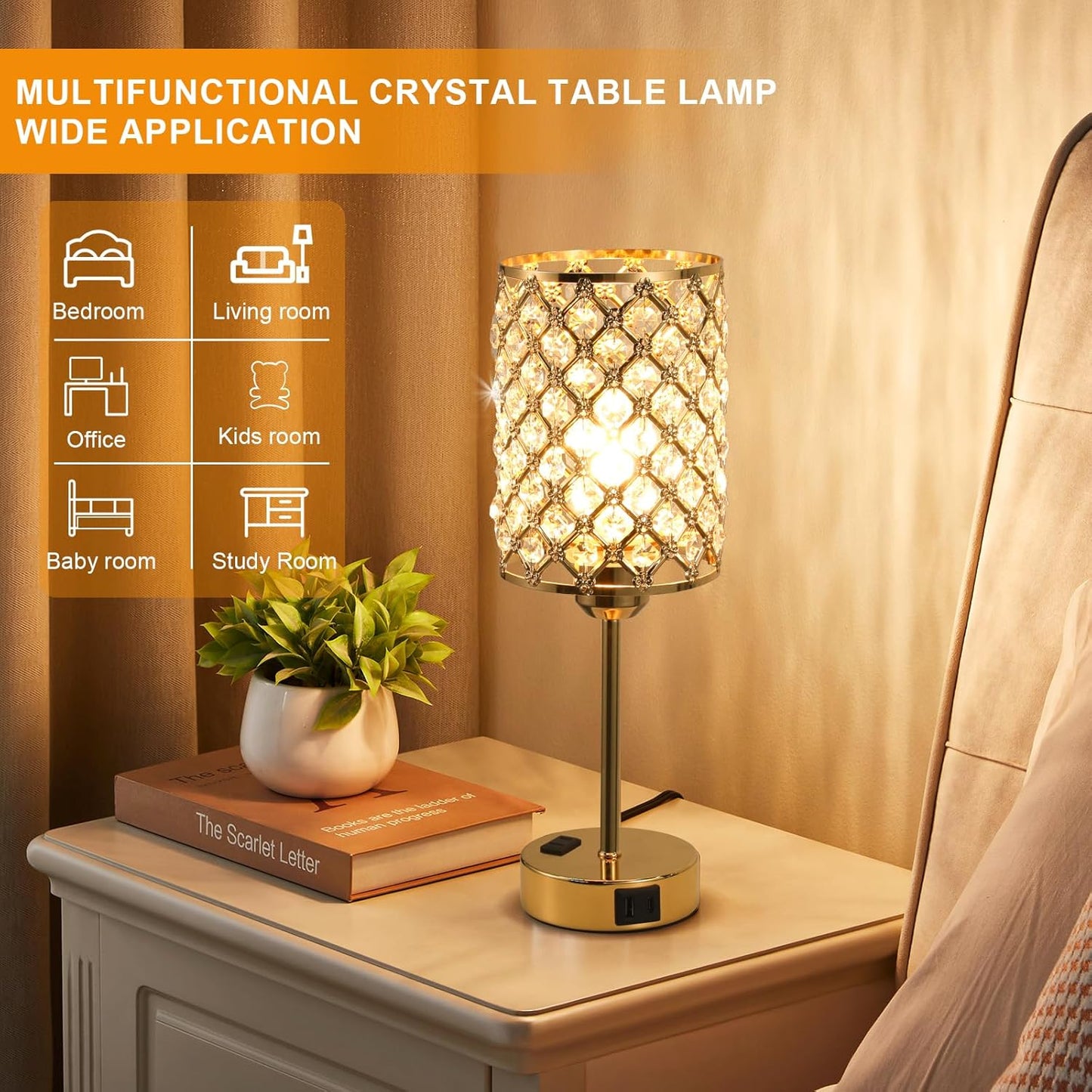 Touch Control Crystal Table Lamp-Dimmable Nightstand Lamp with USB-C+A & AC Charging Ports, 3-Way USB Gold Lamp, Bedside Desk Light for Bedroom Living Room Home Office(Bulb Included & Set of 2)