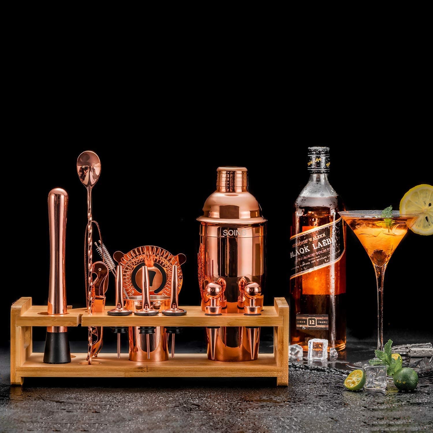 Rose Copper 24-Piece Cocktail Shaker Set,Perfect Home Bartending Kit for Drink Mixing,Stainless Steel Bar Tools with Stand,Velvet Carry Bag & Recipes Included