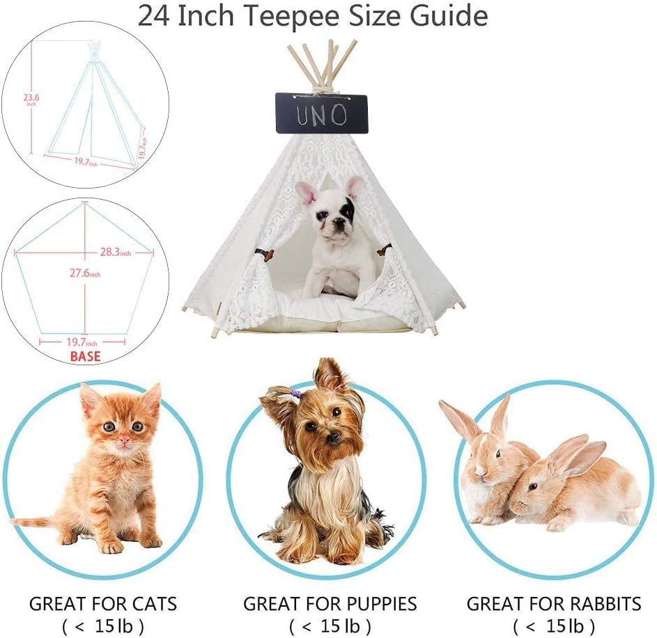 Pet Teepee Dog(Puppy) & Cat Bed - Portable Pet Tents & Houses for Dog(Puppy) & Cat Lace Style 24 Inch No Cushion