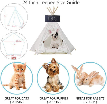 Pet Teepee Dog(Puppy) & Cat Bed - Portable Pet Tents & Houses for Dog(Puppy) & Cat Lace Style 24 Inch No Cushion