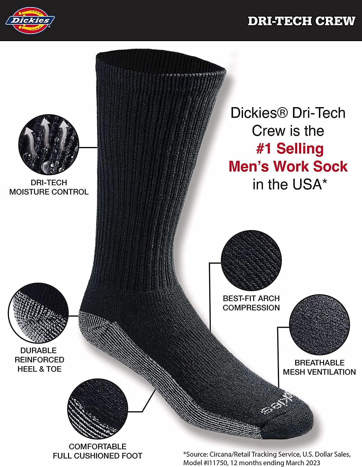 Men'S Dri-Tech Moisture Control Crew Socks, Available in M-XXL (6, 12, 18 Pairs)