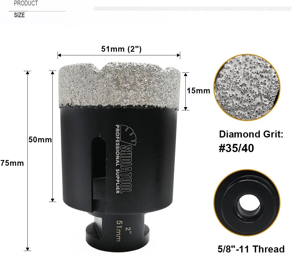 Diamond Core Drill Bits 2-Inch for Porcelain Ceramic Tile Marble Brick Vacuum Brazed Hole Saw 51Mm