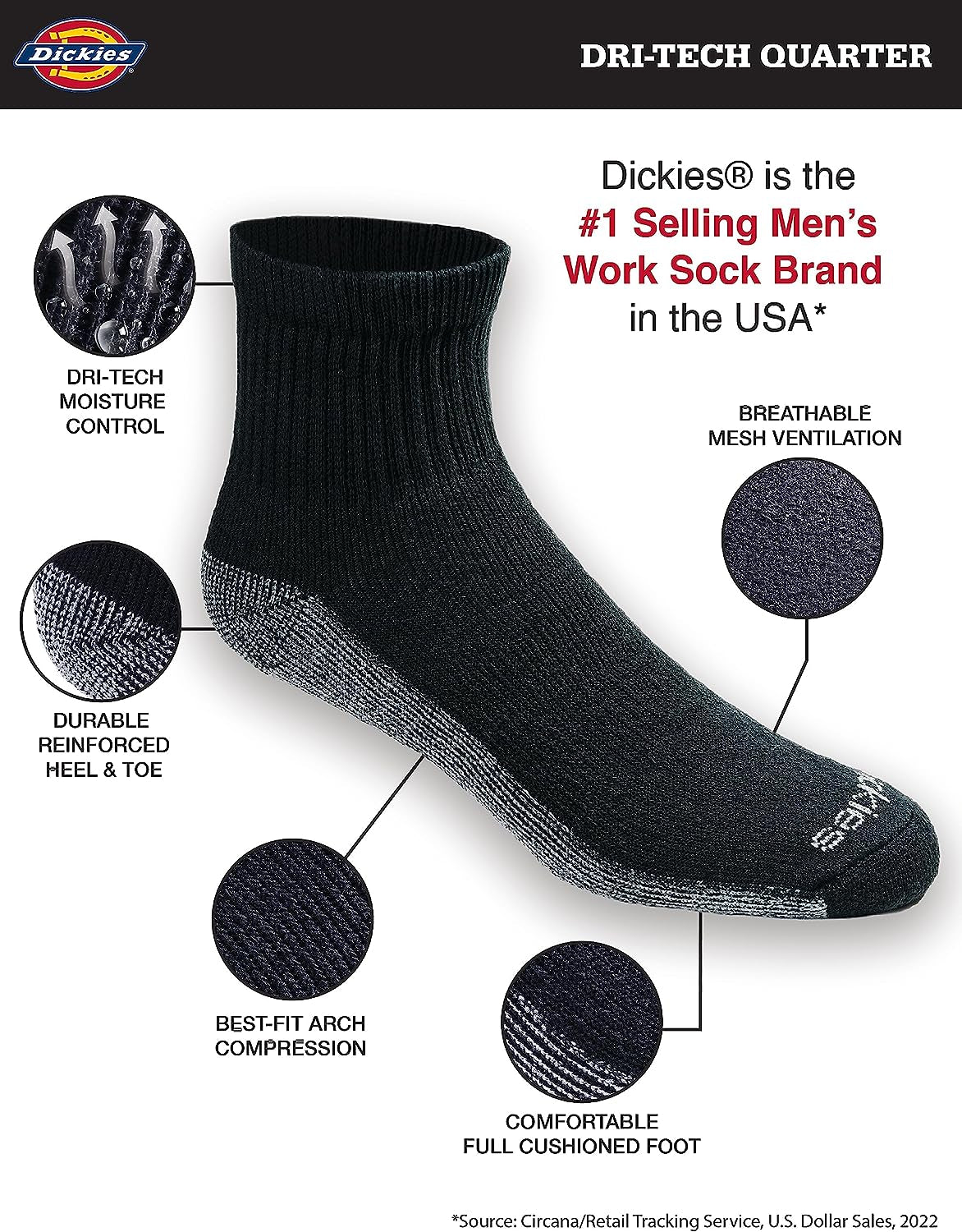 Men'S Dri-Tech Moisture Control Quarter Socks, Available in M-XXL (6, 12, 18 Pairs)